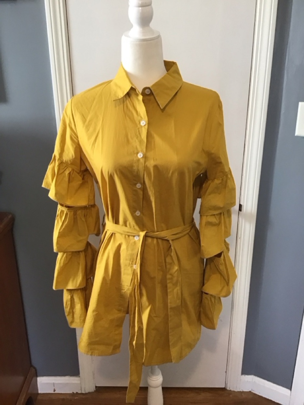 Mustard Ruffle-Sleeve Button-Down Shirt with Self Tie